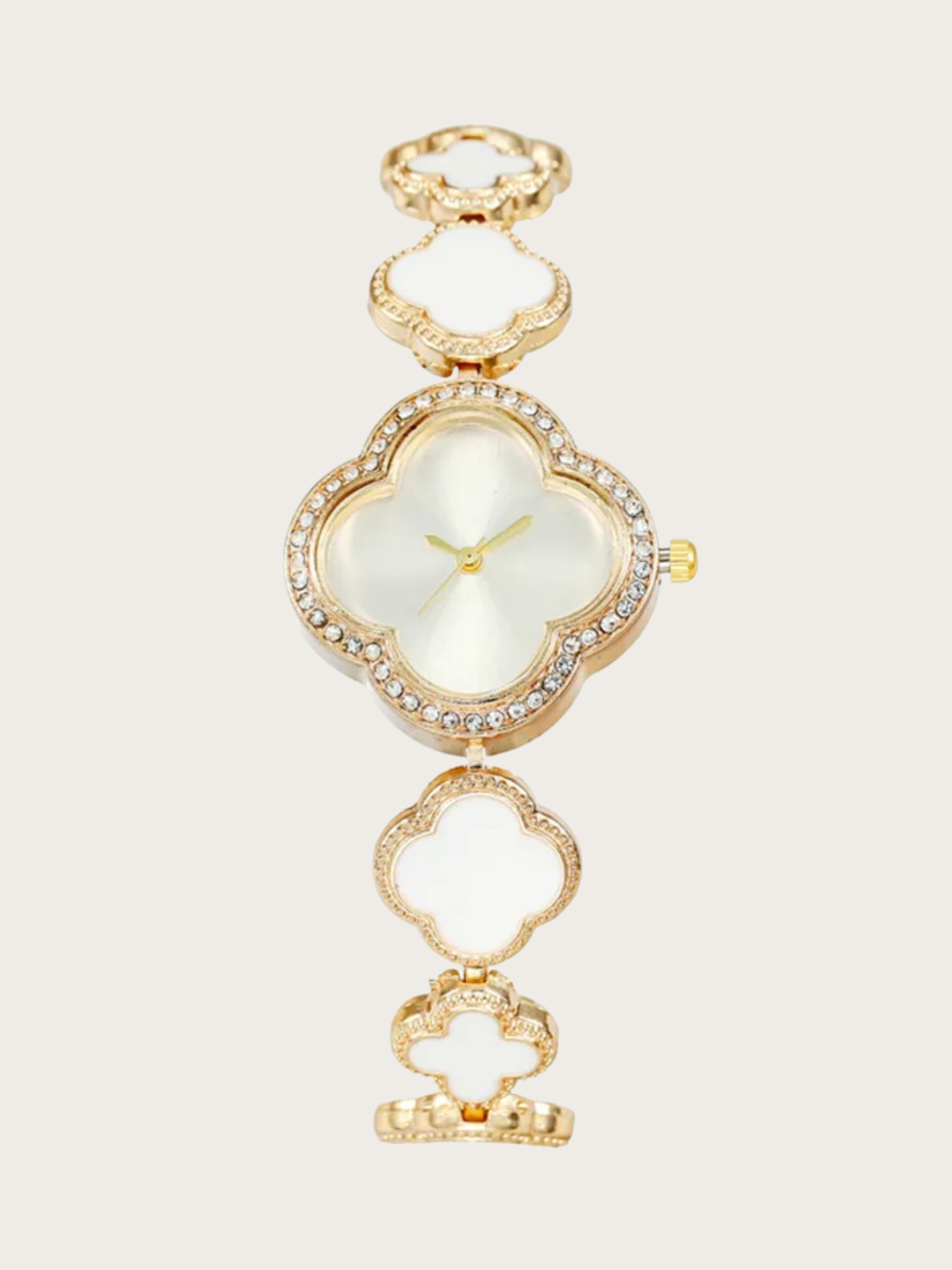 White clover watch White clover-shaped watch with gold-tone finish and adjustable bracelet.