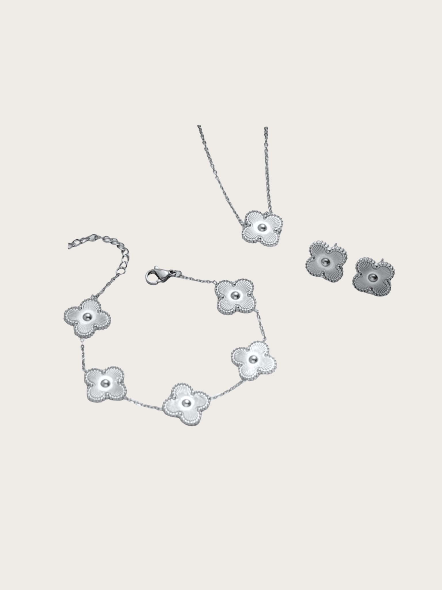 Silver clover set Elegant silver-tone floral jewelry set with 18K gold plating